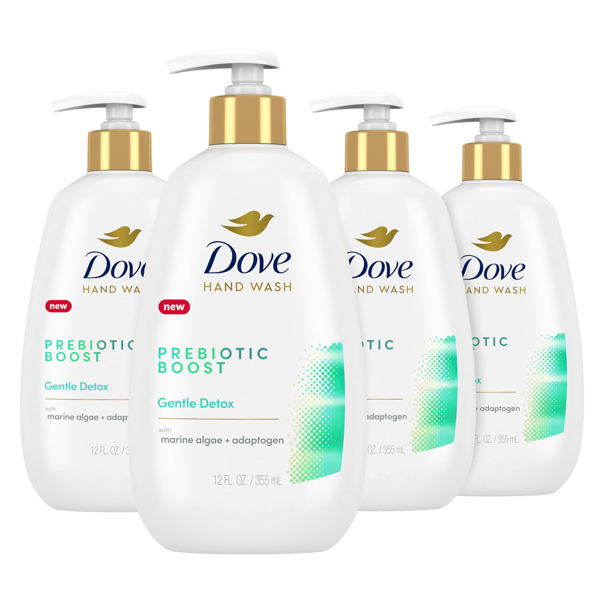 Dove Prebiotic Boost Hand Wash bottle pour highlighting nourishing formula for soft hands.