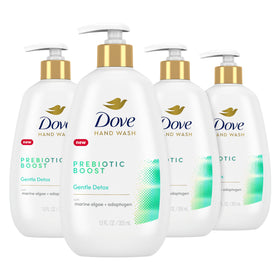 Dove Prebiotic Boost Hand Wash bottle pour highlighting nourishing formula for soft hands.
