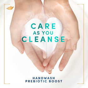 Dove Prebiotic Boost Hand Wash shelf shot conveys clean, spa-like bathroom routine.