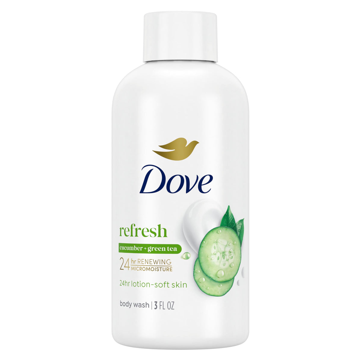 Dove Refreshing Cucumber and Green Tea bottle pouring, delivering gentle hydration.