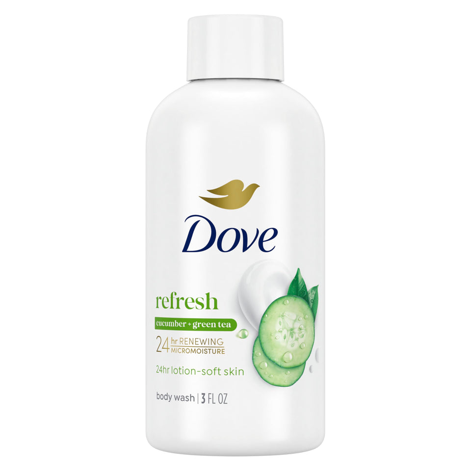 Dove Refreshing Cucumber and Green Tea bottle pouring, delivering gentle hydration.