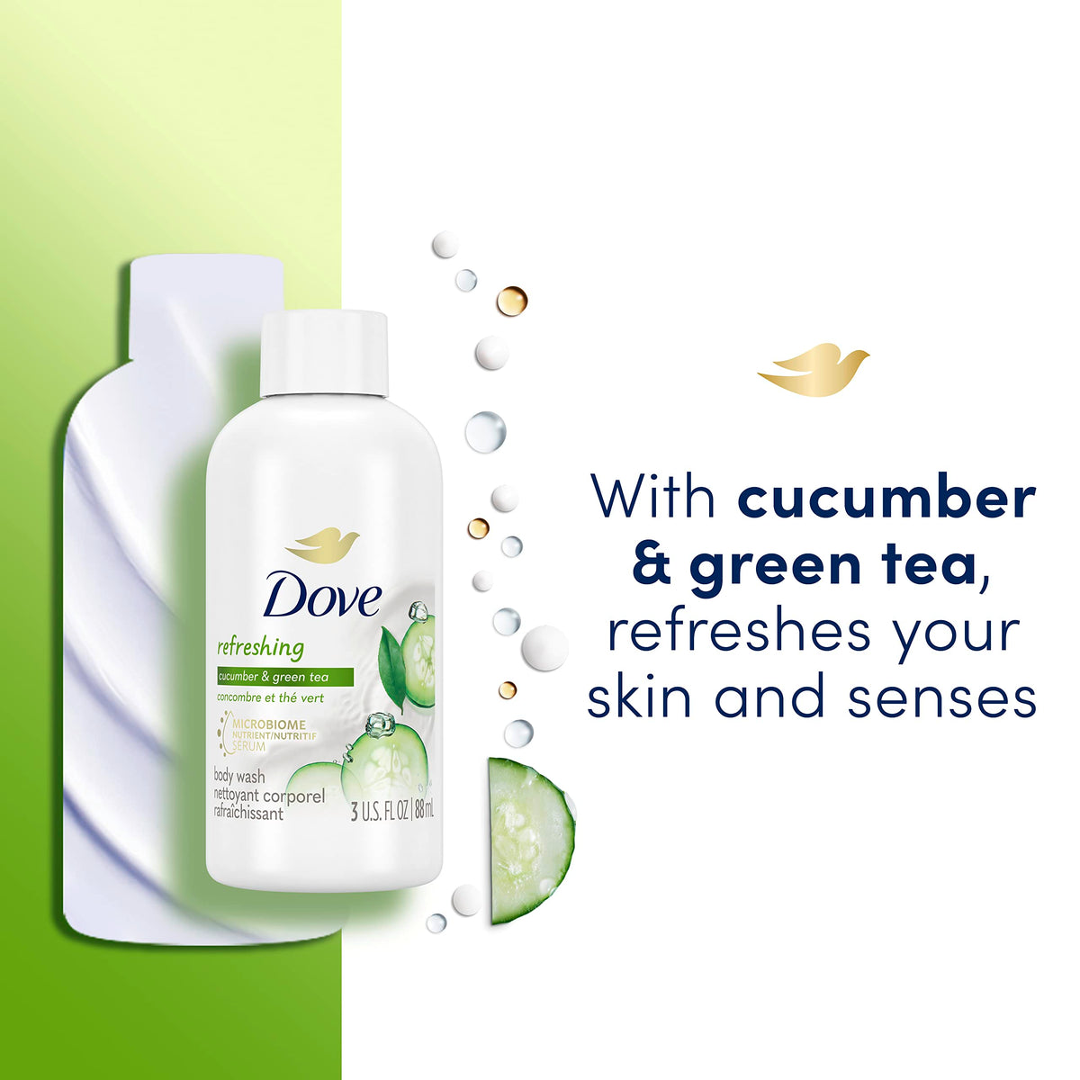 Side view of Dove bottle highlighting recyclable packaging and vegan formula.