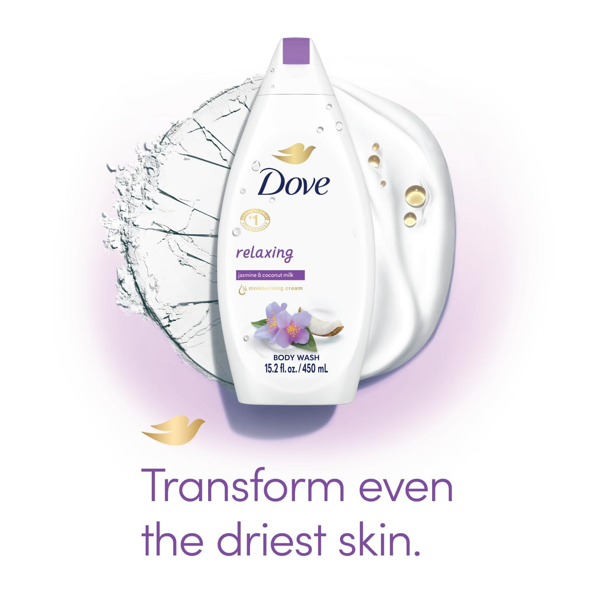 Dove Jasmine & Coconut Milk label highlights moisturizing formula
