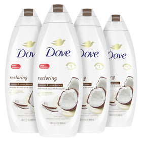 Dove Restoring bottle pour shows easy, nourishing cleanse with coconut and cocoa butter.