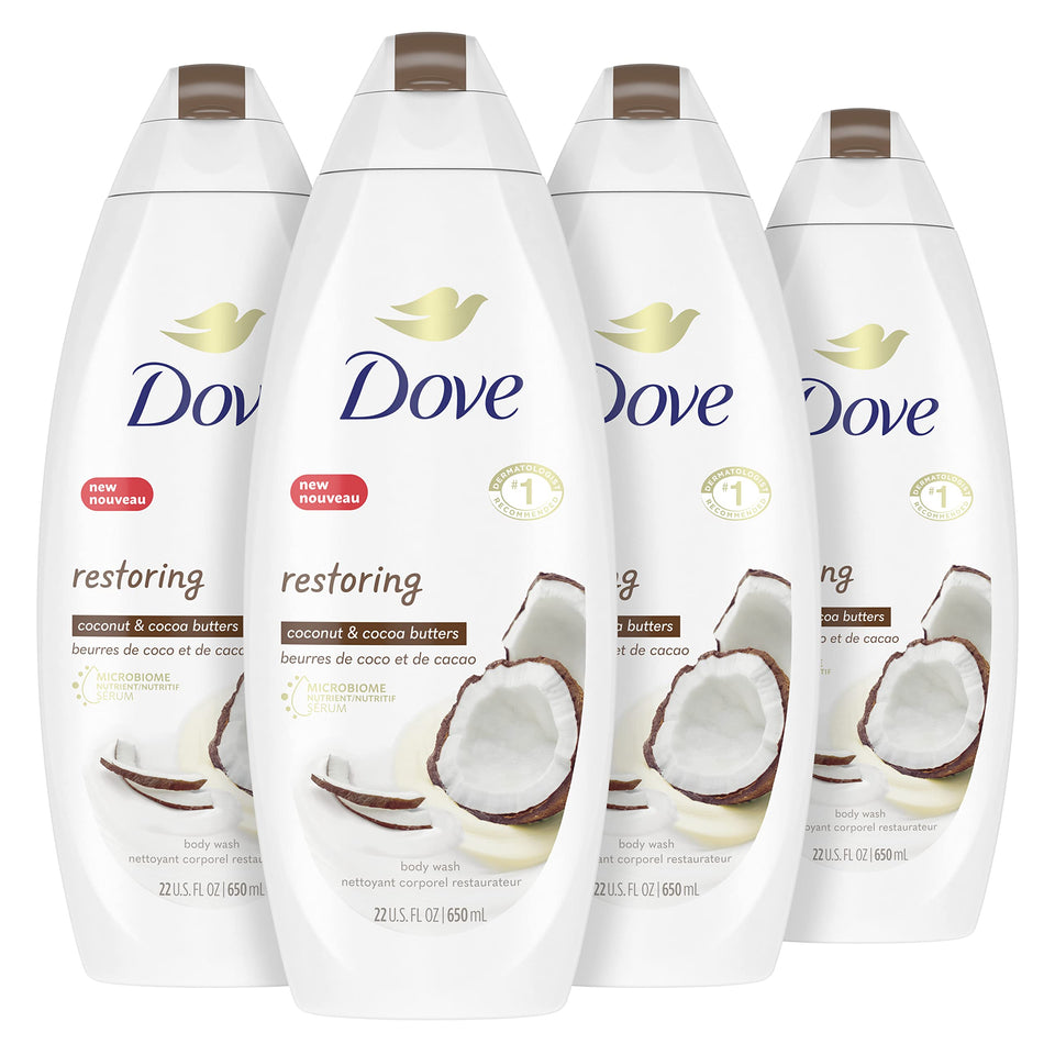 Dove Restoring bottle pour shows easy, nourishing cleanse with coconut and cocoa butter.