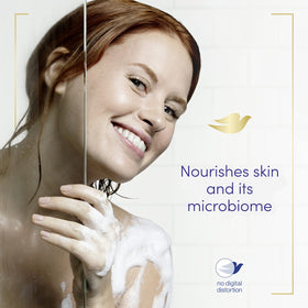 Dove Restoring creamy lather closeup highlights gentle cleansing without stripping moisture.