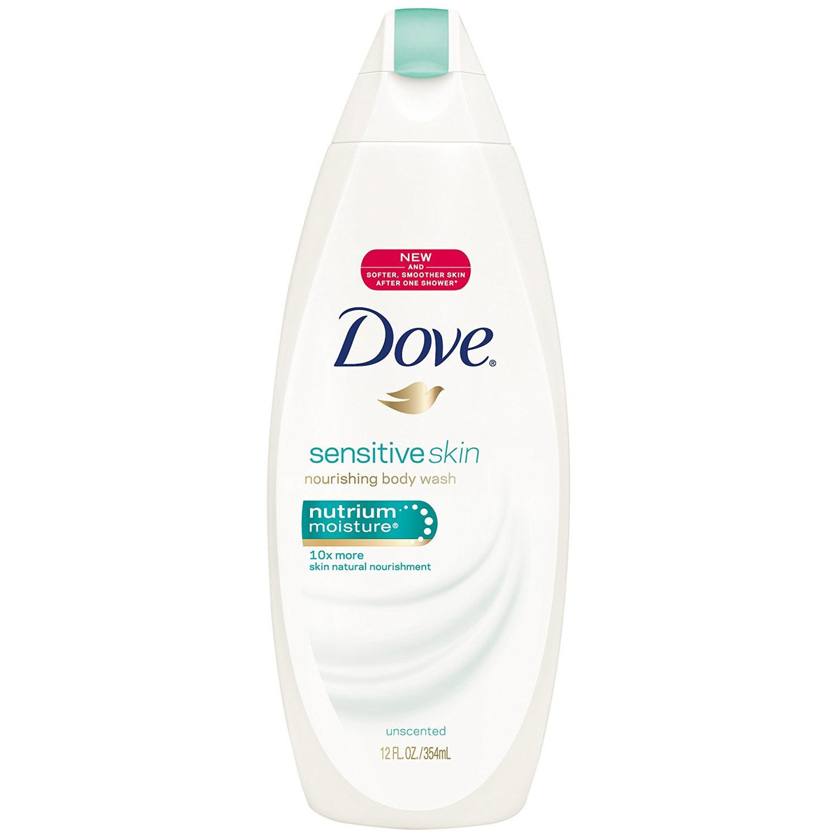 Dove Sensitive Skin body wash bottle delivering gentle cleansing and 24-hour hydration.