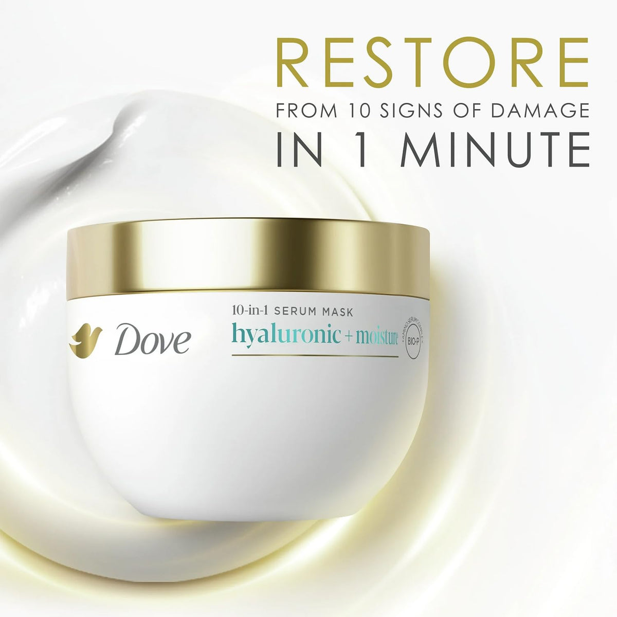 Dove Serum Mask 10in1 close up showing quick one minute benefits