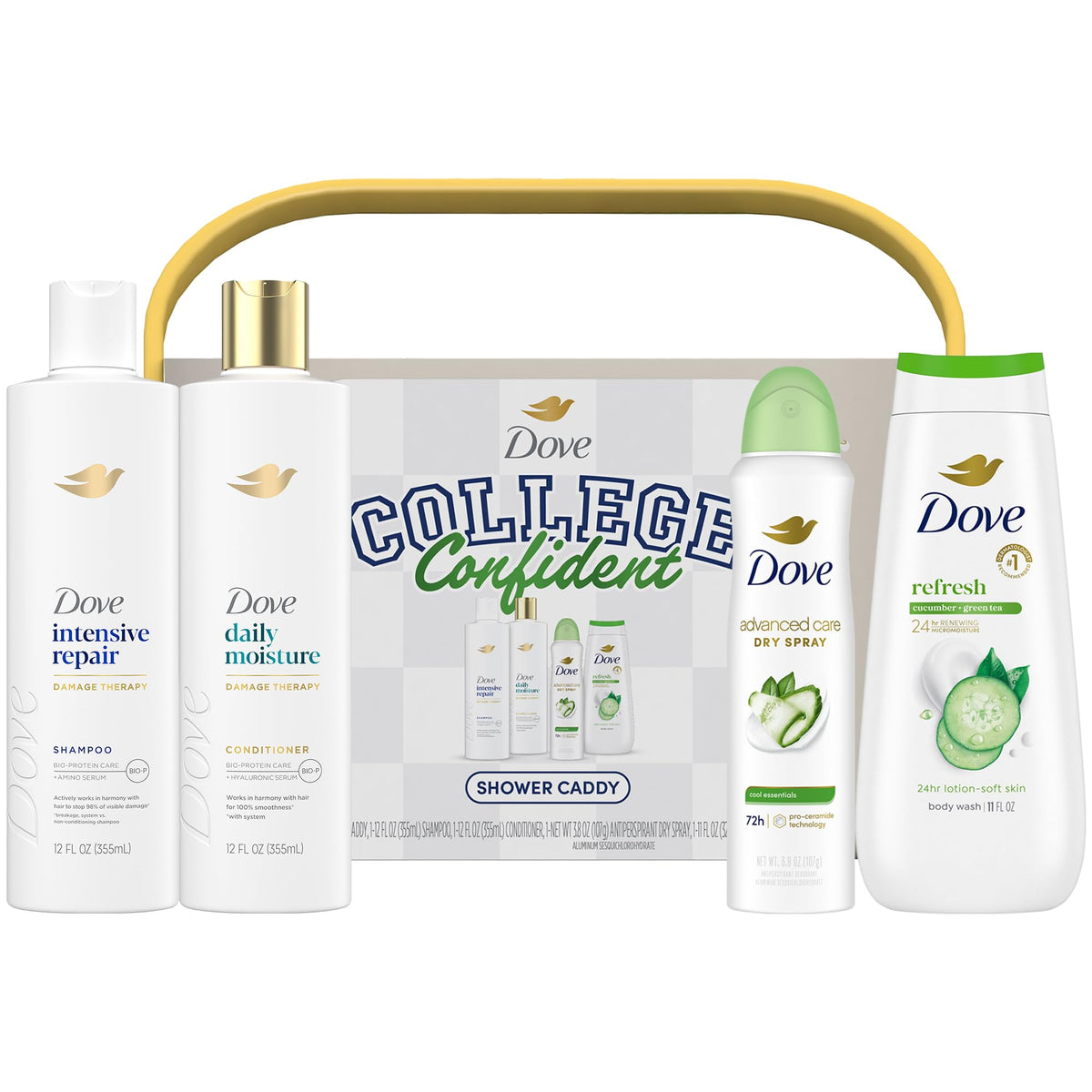 Dove Shower Caddy packaging displaying the 5-piece Confident Set for students.