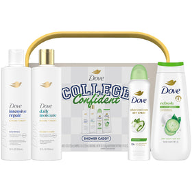 Dove Shower Caddy packaging displaying the 5-piece Confident Set for students.