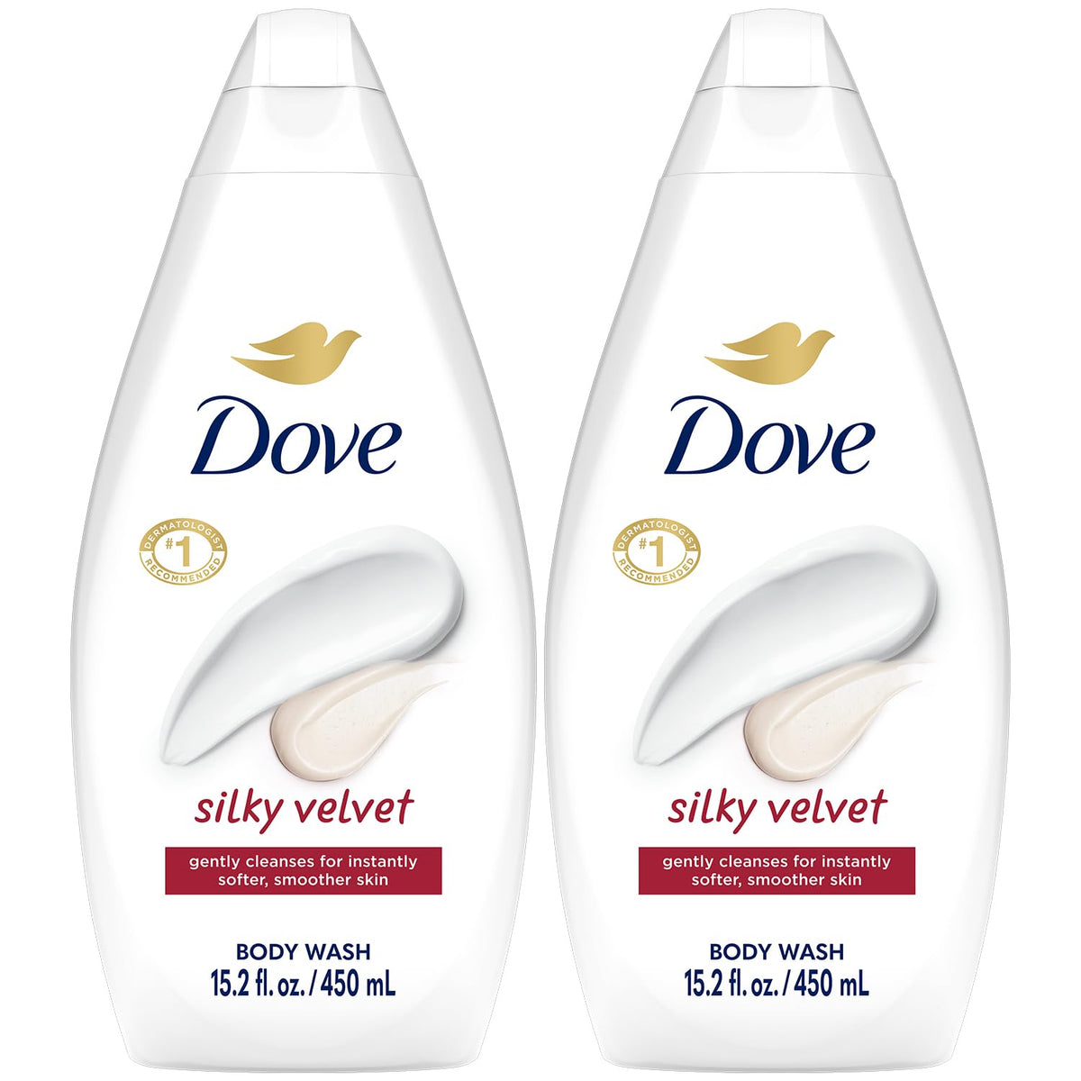 Dove Silky Velvet Body Wash 2-pack front view showing moisturizing cleanse.