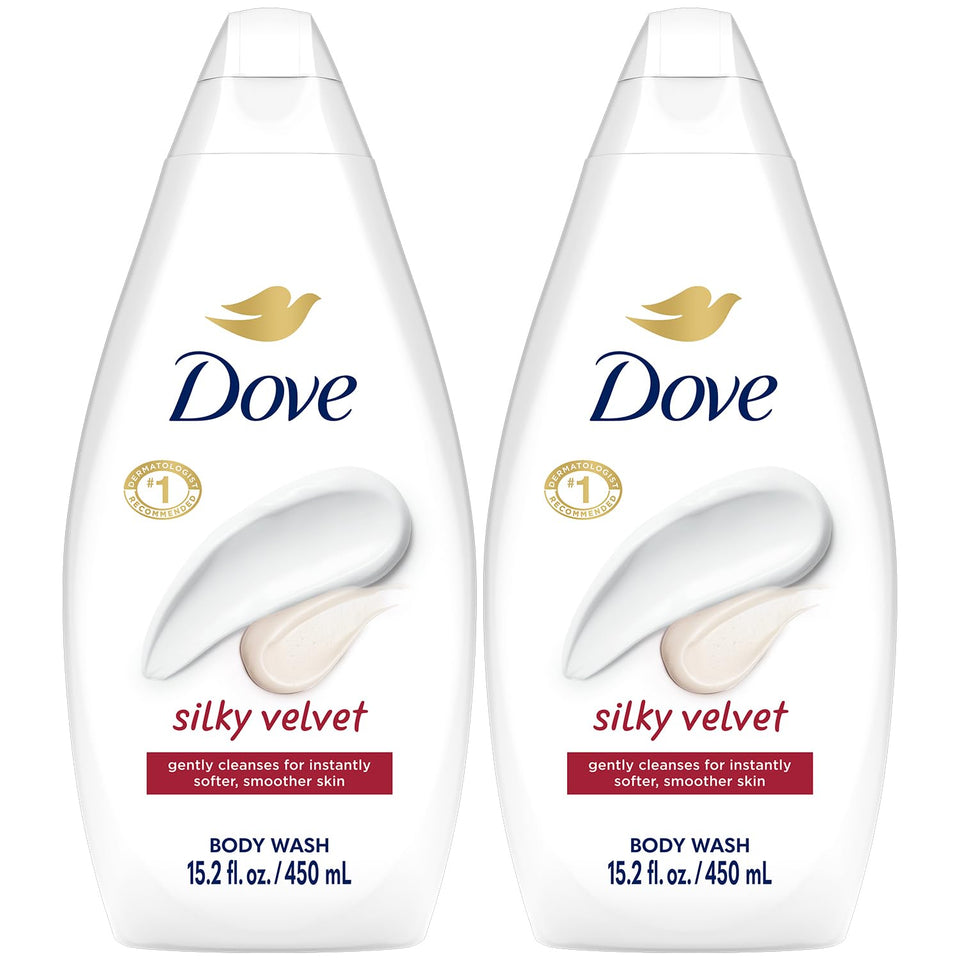 Dove Silky Velvet Body Wash 2-pack front view showing moisturizing cleanse.