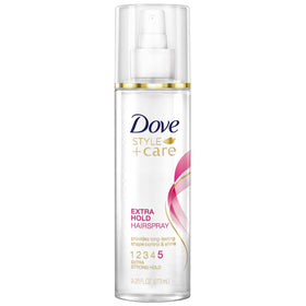 Dove Style+Care Extra Hold Hairspray bottle for lasting hold and frizz control.