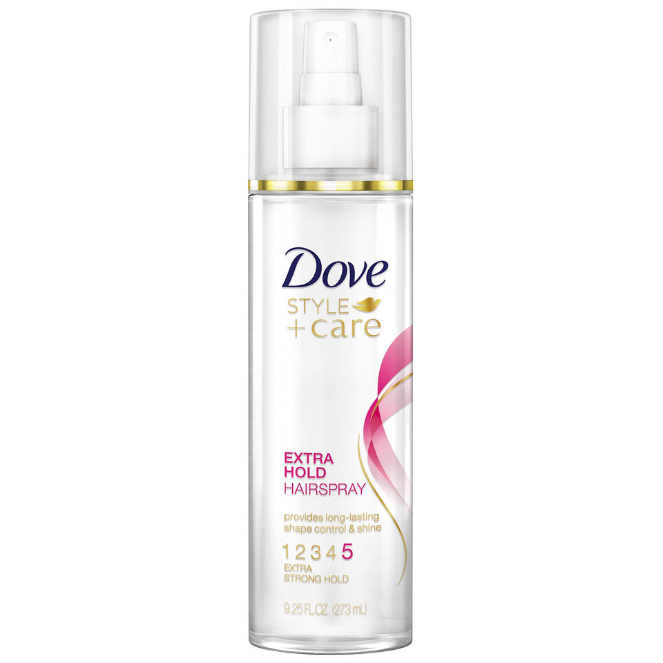 Dove Style+Care Extra Hold Hairspray bottle for lasting hold and frizz control.