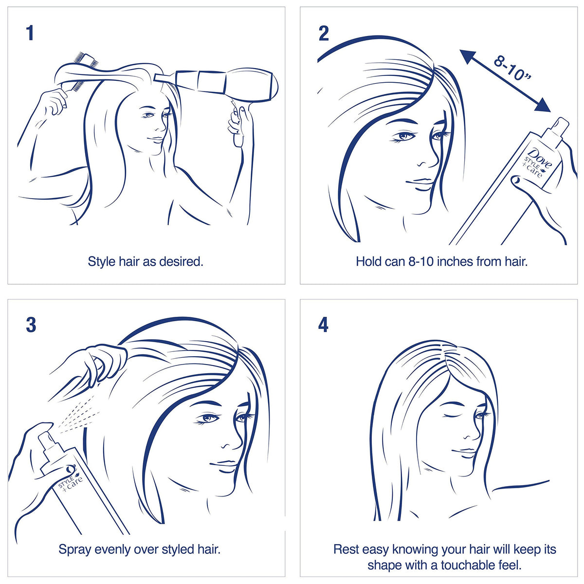 Dove Style+Care hairspray finish adds shine and volume to styled hair.