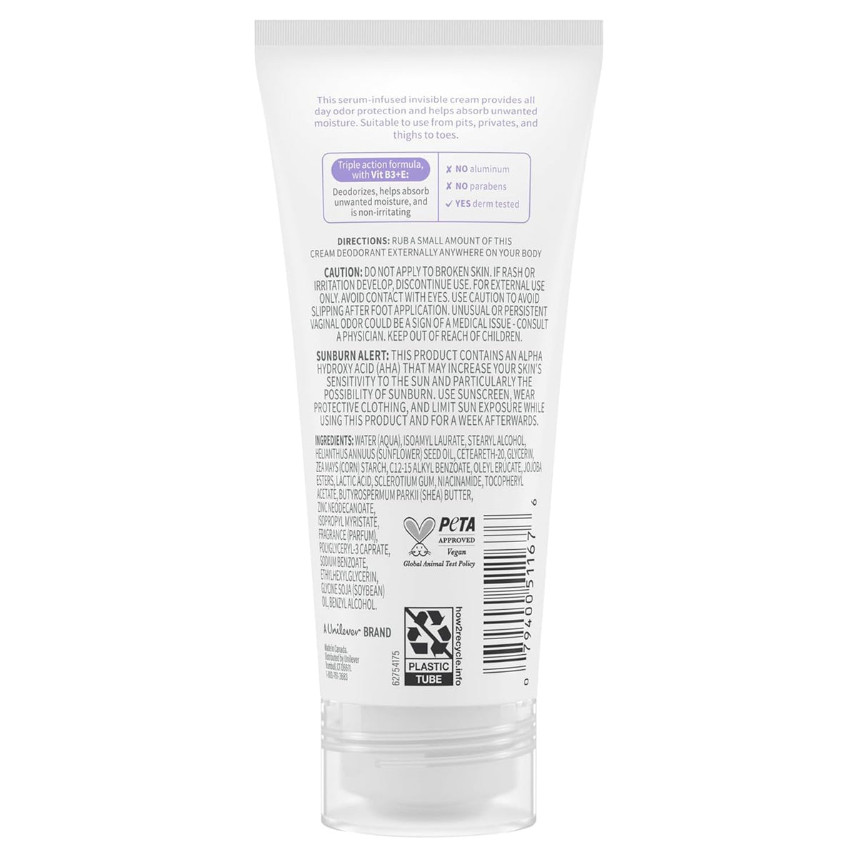 Close-up of Dove aluminum-free cream texture with coconut-vanilla scent