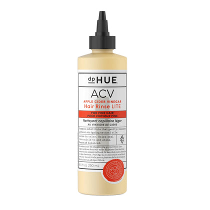 dpHUE Apple Cider Vinegar Hair Rinse Lite bottle highlighting color-safe formula and gentle cleansing