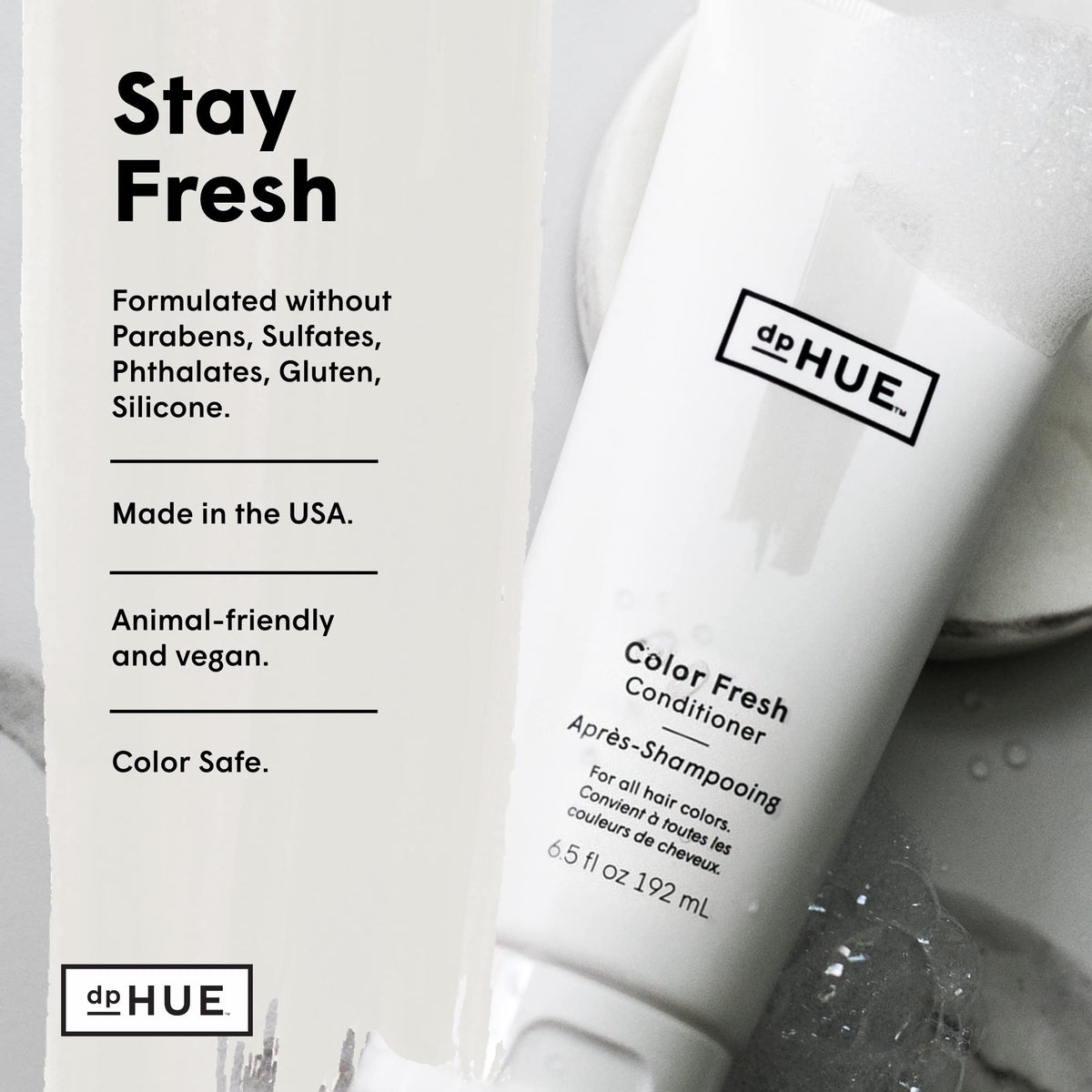 dpHUE Color Fresh Conditioner after-use glossy hair strands showcasing shine and softness.