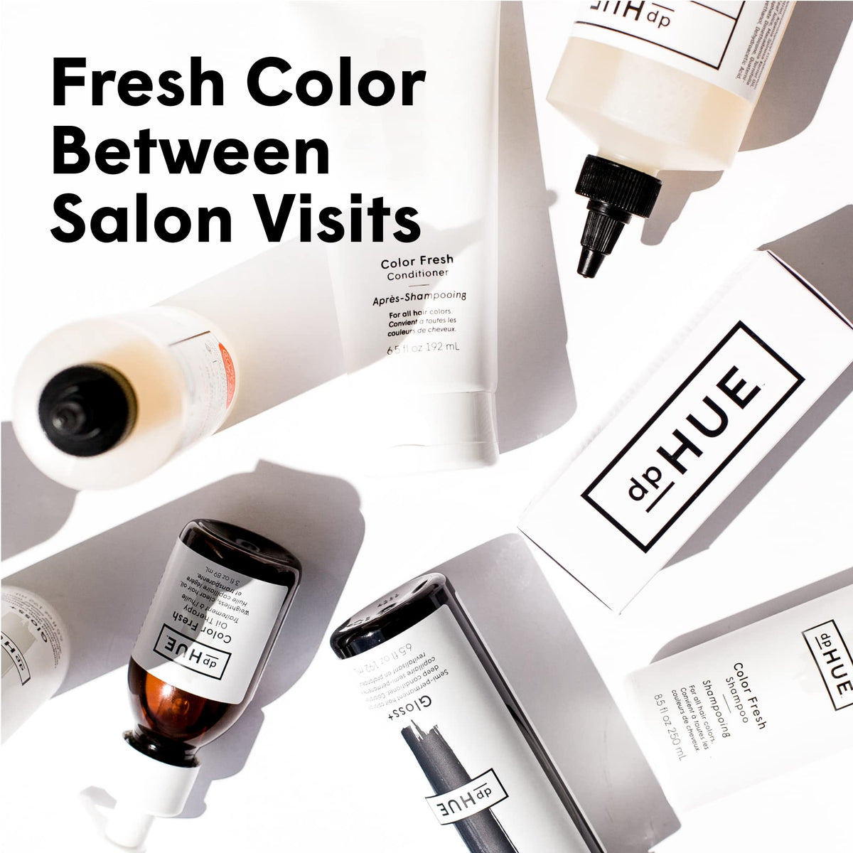 dpHUE Color Fresh Conditioner packaging on shelf emphasizing vegan and USA-made values.