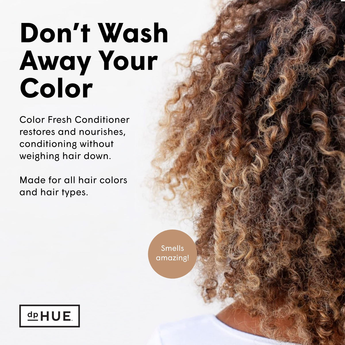 dpHUE Color Fresh Conditioner sunflower seed extract on ingredients panel highlighting nourishing care for color-treated hair.