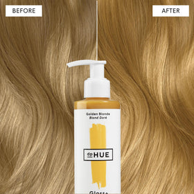 dpHUE Gloss+ Golden Blonde color-tone preview on light blonde strands adds depth.