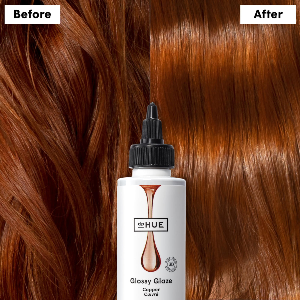 dpHUE Glossy Glaze Copper before and after results with luminous shine