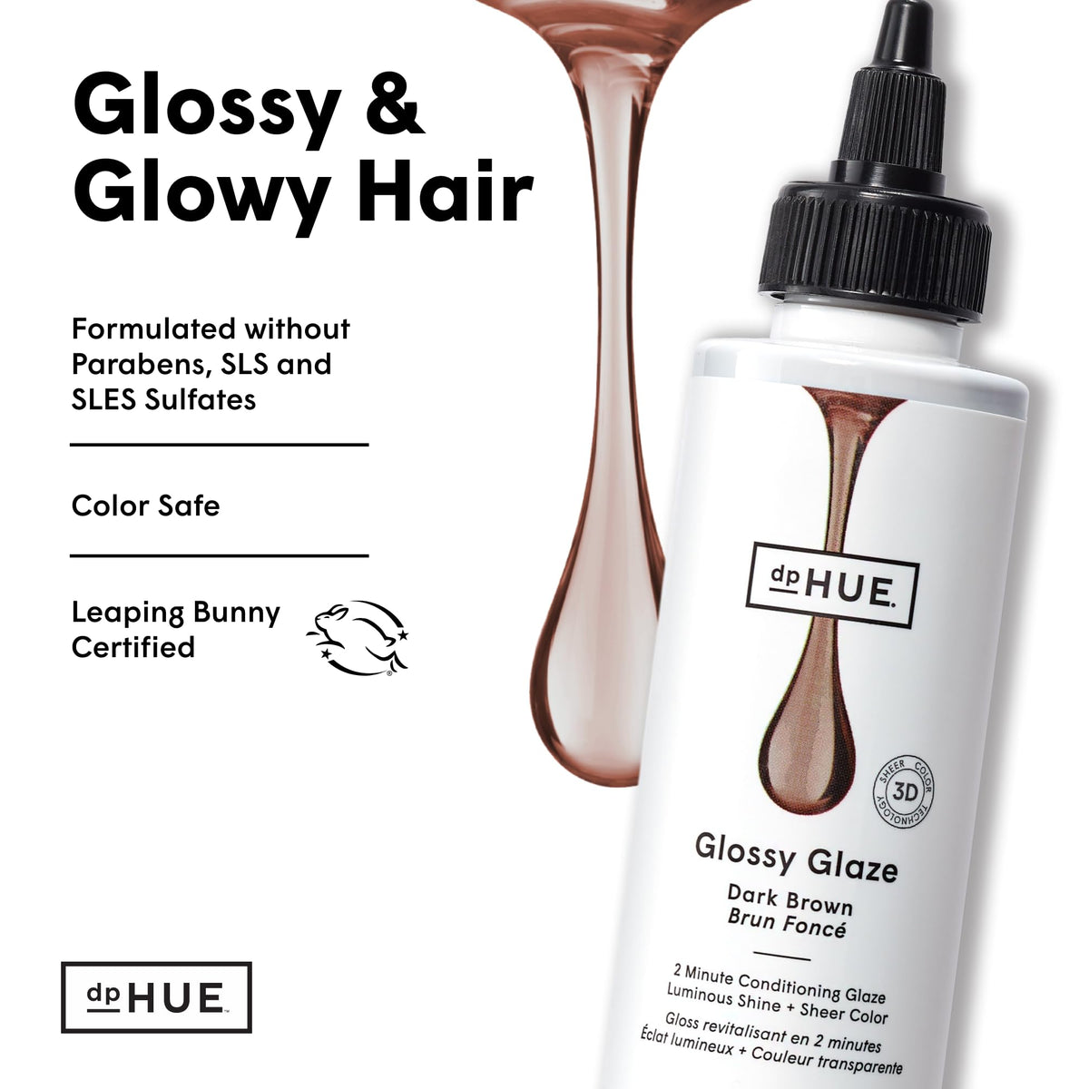 dpHUE Glossy Glaze packaging displays Leaping Bunny certification for clean beauty.