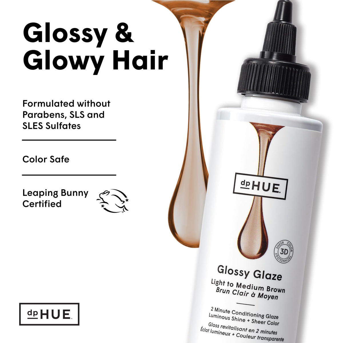 dpHUE in-shower Glossy Glaze shot suggests quick two-minute glow and salon scent.