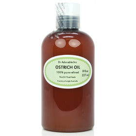 Dr Adorable Ostrich Oil bottle closeup showing rich hydration for skin.