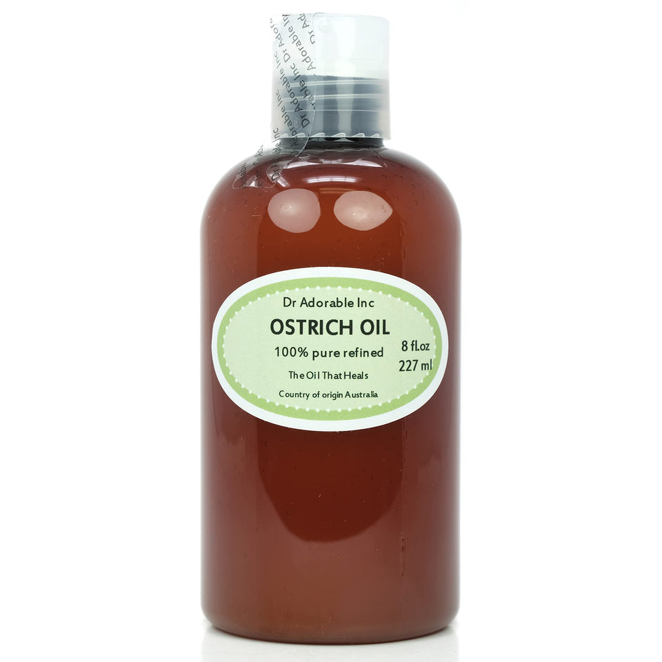 Dr Adorable Ostrich Oil bottle closeup showing rich hydration for skin.
