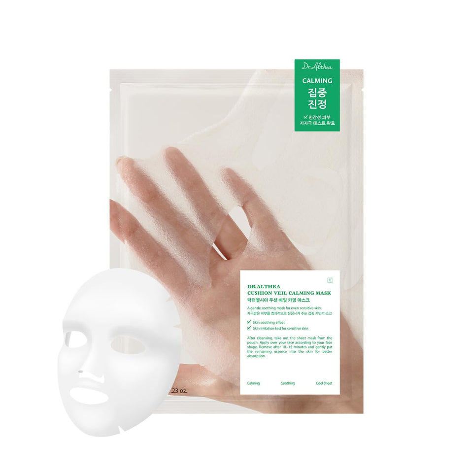 Dr.Althea Cushion Veil Calming Mask packaging highlights vegan formula for sensitive skin