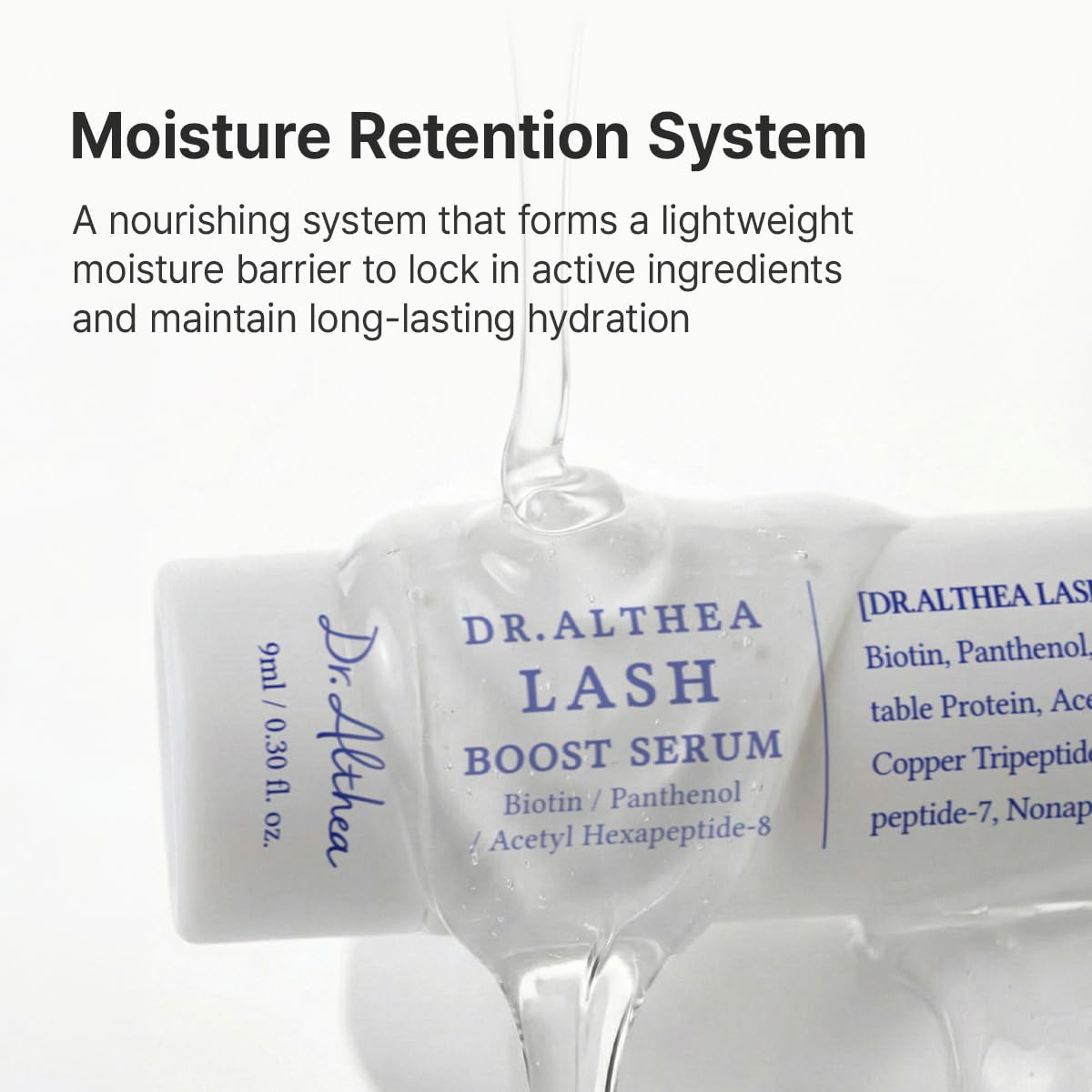 Close-up of Dr.Althea Lash Boost Serum texture showing light, non-sticky finish