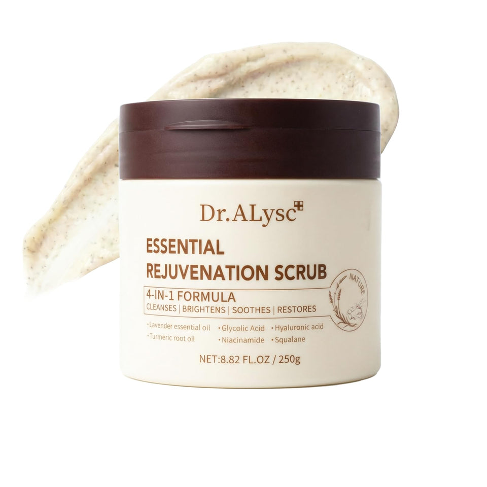 Dr.ALysc Essence Revitalizing Scrub lavender jar for gentle cleansing and soothing aroma.