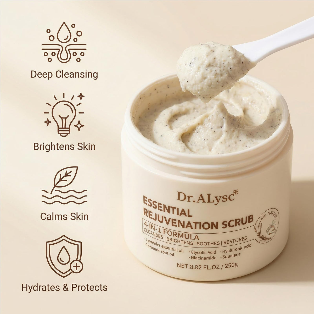 Dr.ALysc Turmeric-Glycolic-Acid ingredients layout highlights antioxidant and smoothing potential.