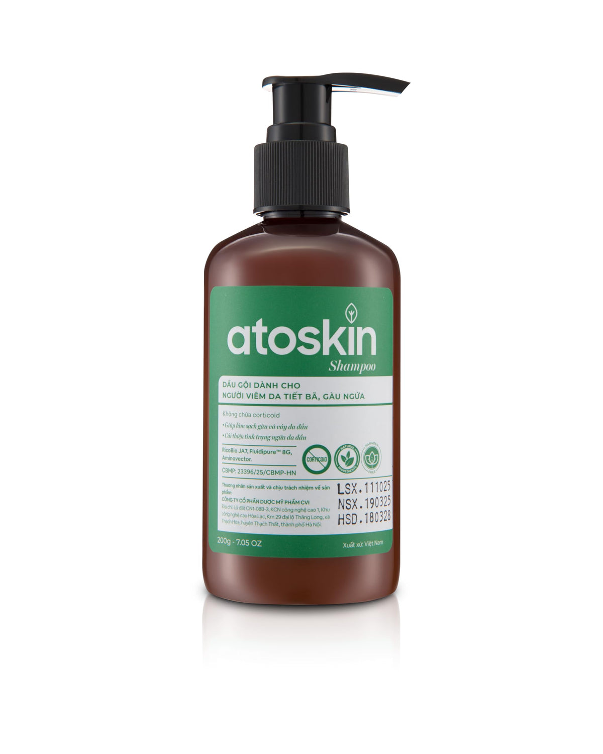 Dr. Atoskin shampoo bottle closeup for soothing scalp care