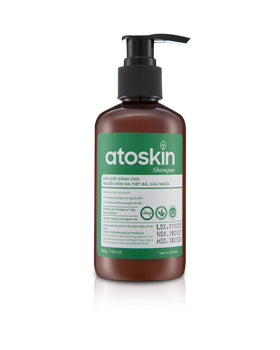 Dr. Atoskin shampoo bottle closeup for soothing scalp care