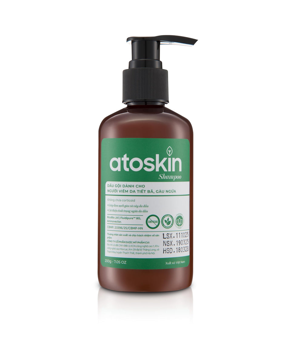 Dr. Atoskin shampoo bottle closeup for soothing scalp care