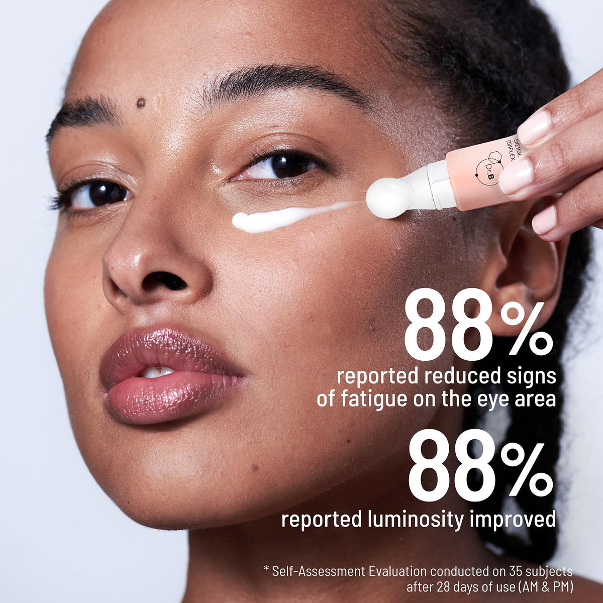 Dr. Brandt iD-STRESS eye gel applied along the eye contour for refreshed brightness.