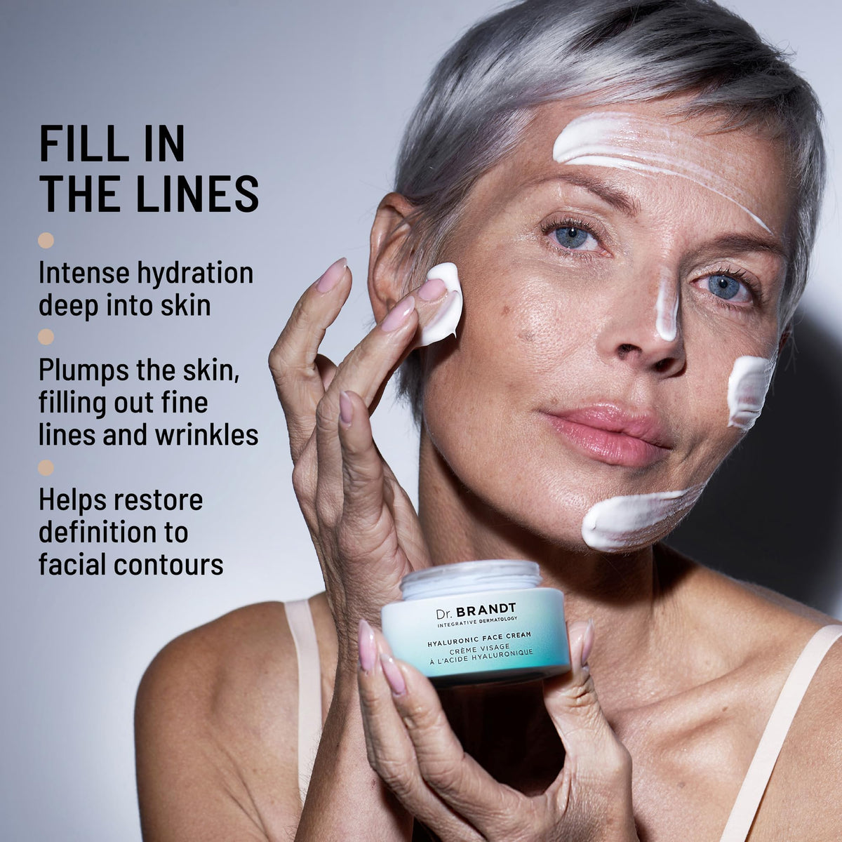 Jar close-up of Dr. Brandt Needles No More Hyaluronic Face Cream for long-lasting moisture.