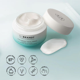 Elegant packaging shot of Dr. Brandt Needles No More Hyaluronic Face Cream for nourished, plump-looking skin.