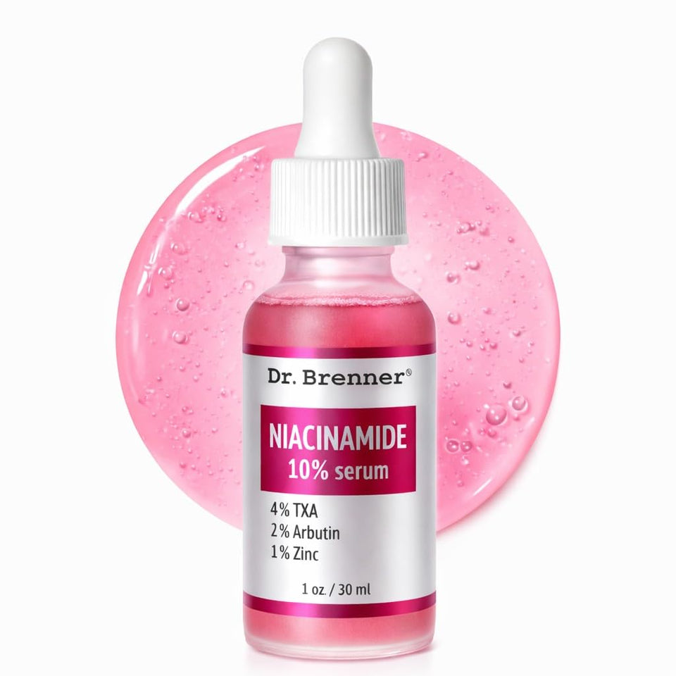 Dr. Brenner Niacinamide serum bottle with pour for brightening and even skin tone