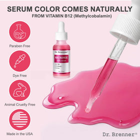 Packaging front of Dr. Brenner serum highlighting cruelty-free and no artificial dyes