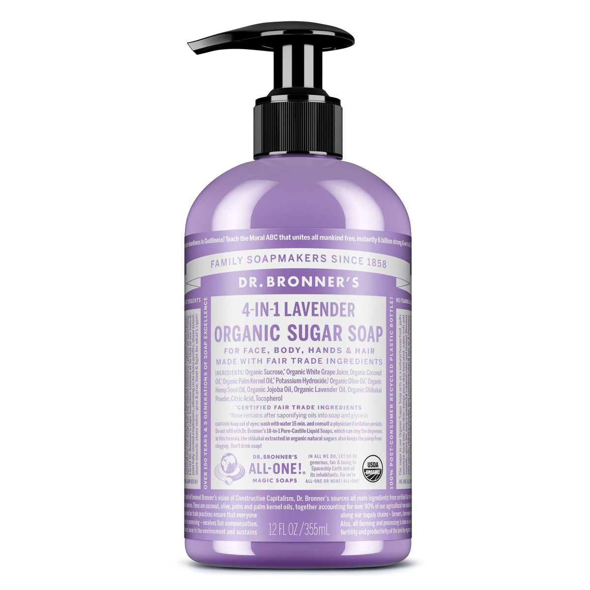 Dr. Bronner's pump soap sugar lavender bottle on sink for gentle cleansing