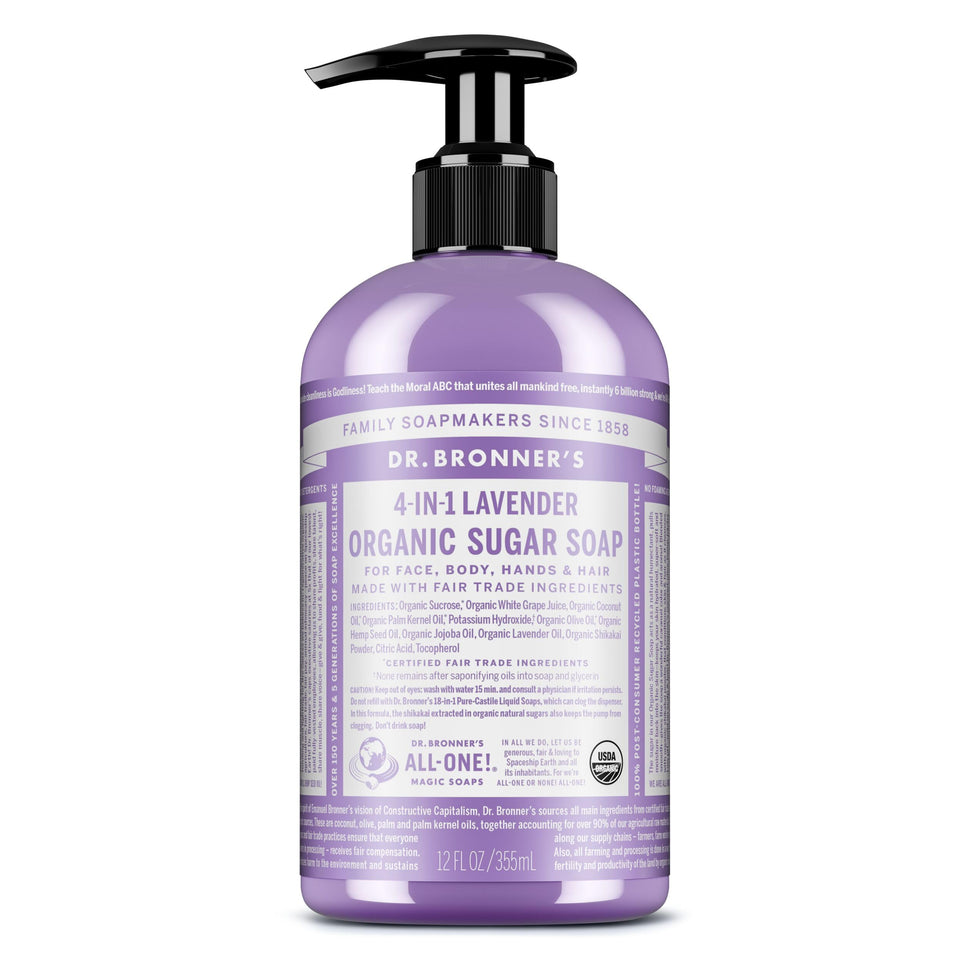 Dr. Bronner's pump soap sugar lavender bottle on sink for gentle cleansing