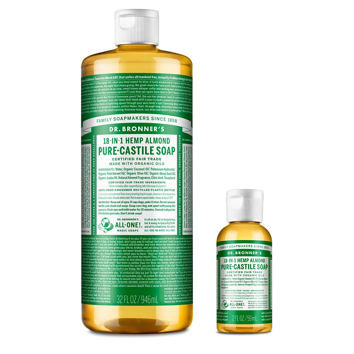 Dr. Bronner's Almond Bundle 32oz bottle front view, showcasing versatile castile soap for household cleaning.