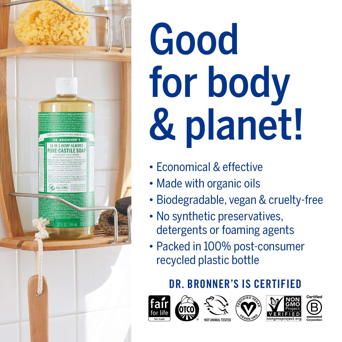 Dr. Bronner's Almond Bundle label close-up emphasizes organic, fair trade ingredients and natural composition.