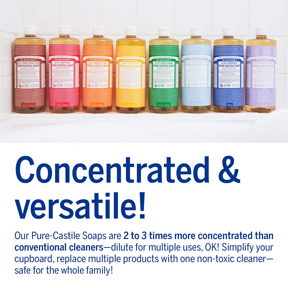 Dr. Bronner's Almond Bundle liquid pour demonstrates easy diluting for multiple cleaning tasks.