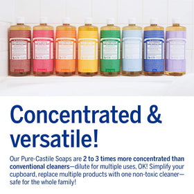 Dr. Bronner's Almond Bundle liquid pour demonstrates easy diluting for multiple cleaning tasks.