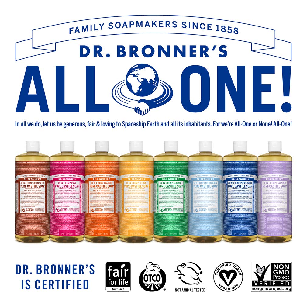 Dr. Bronner's Almond Bundle recycled packaging image highlights eco-friendly post-consumer plastic.