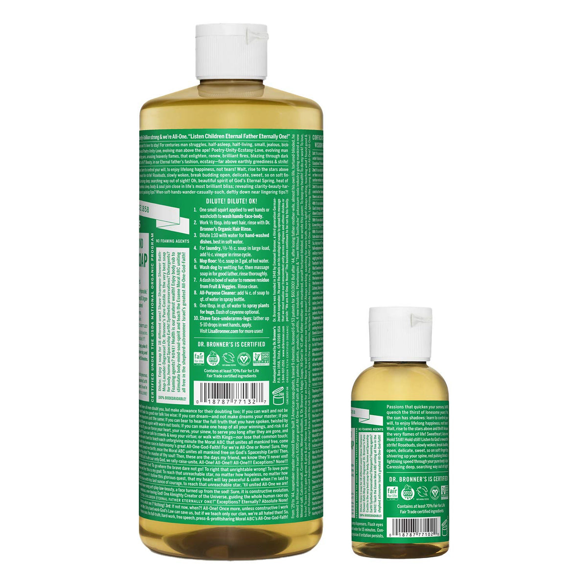 Dr. Bronner's Almond Bundle travel 2oz bottle close-up highlights portable cleaner for on-the-go use.